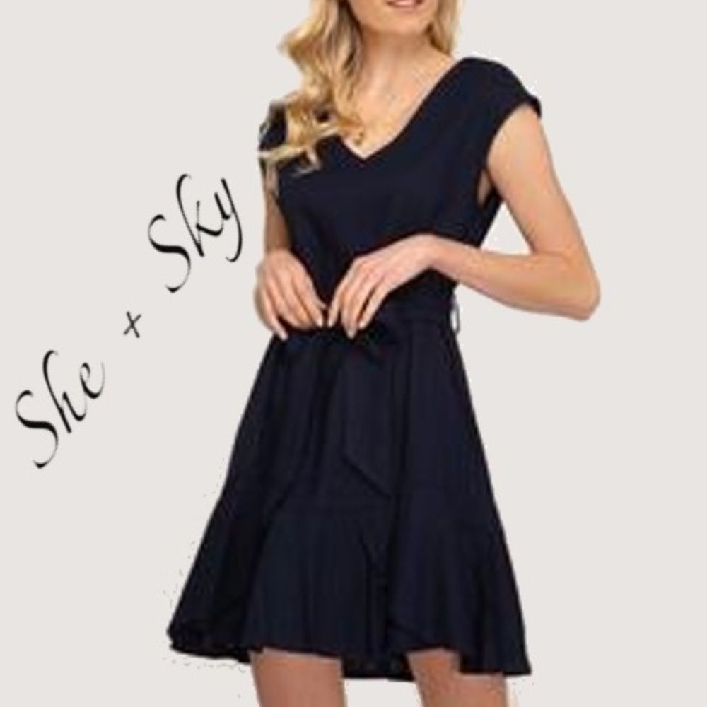 Navy Drop Shoulder V-Neck Dress Flounce Hem Sash